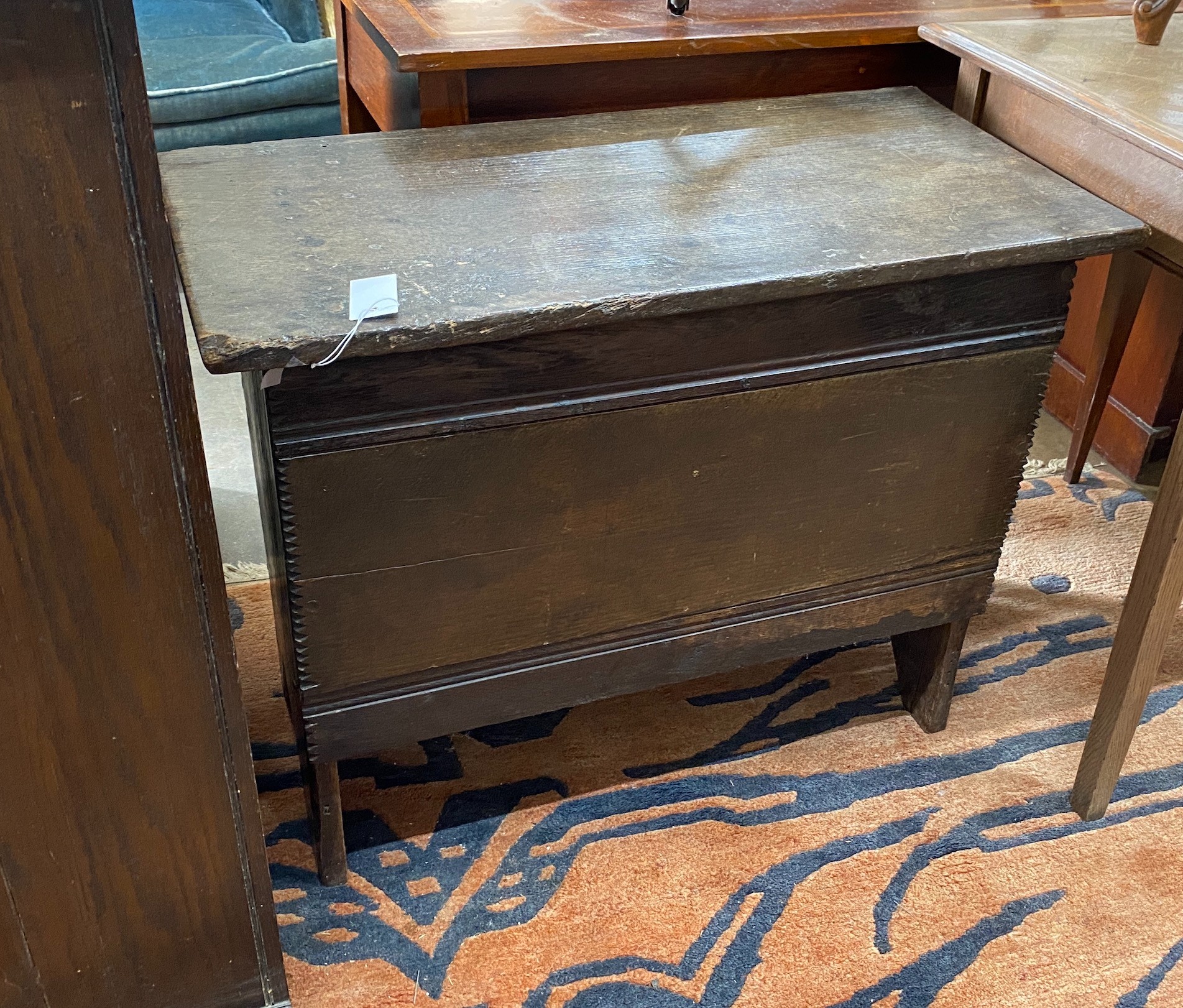 A small 17th century style oak six plank coffer, width 82cm, depth 41cm, height 63cm (incorporates old timber)